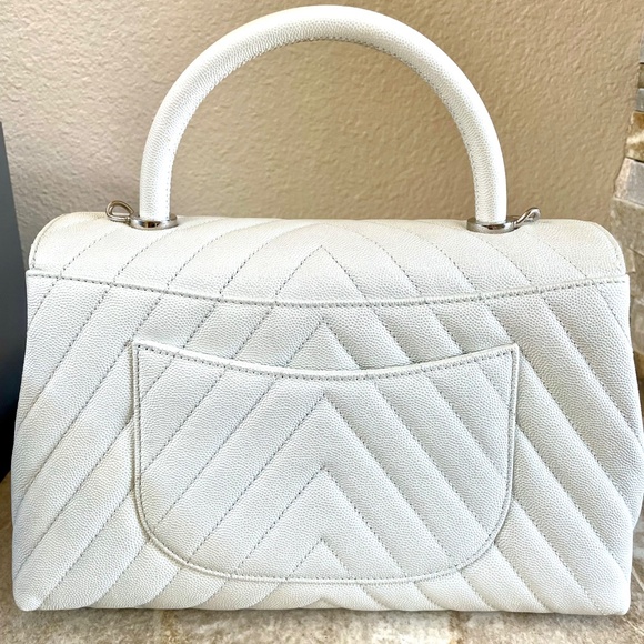 CHANEL COCO HANDLE FLAP WHITE CHEVRON CAVIAR LEATHER SILVER HARDWARE - Picture 3 of 10